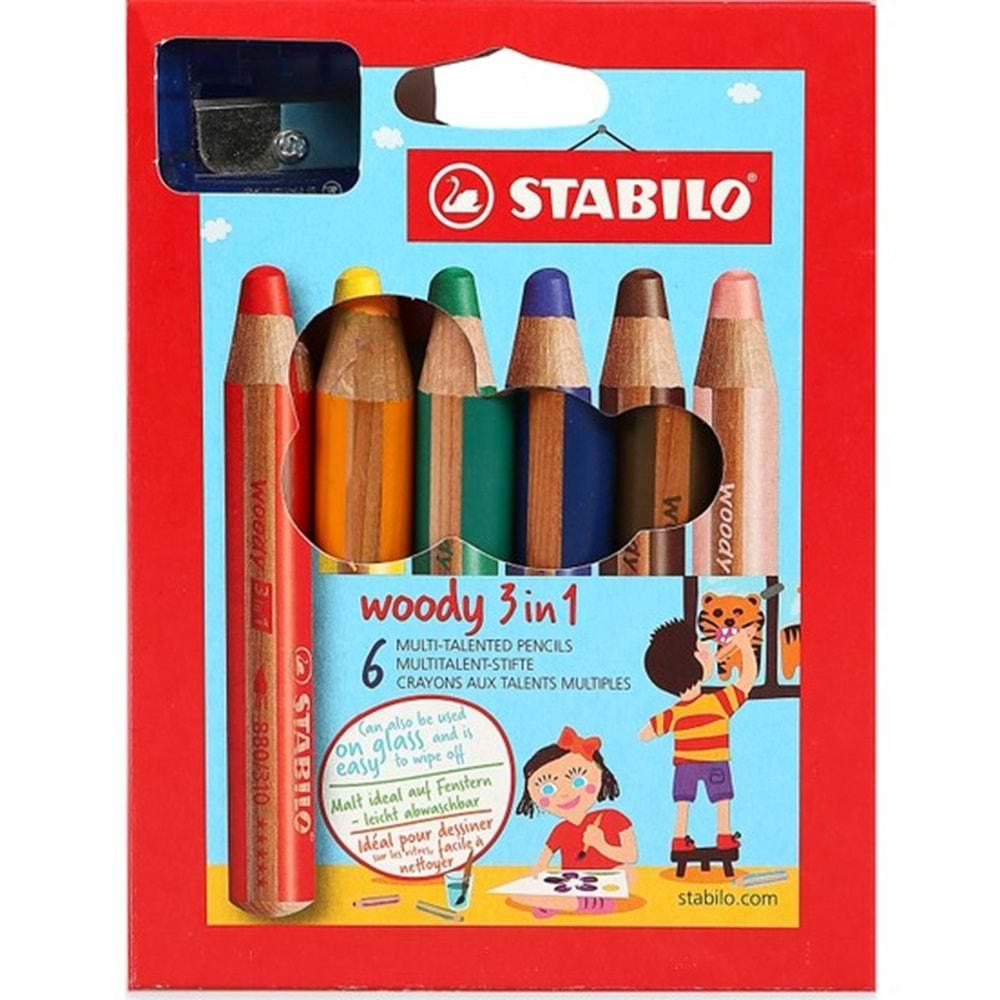 Stabilo Woody Kuru boya 3in1 6 Renk + Kalemtraş