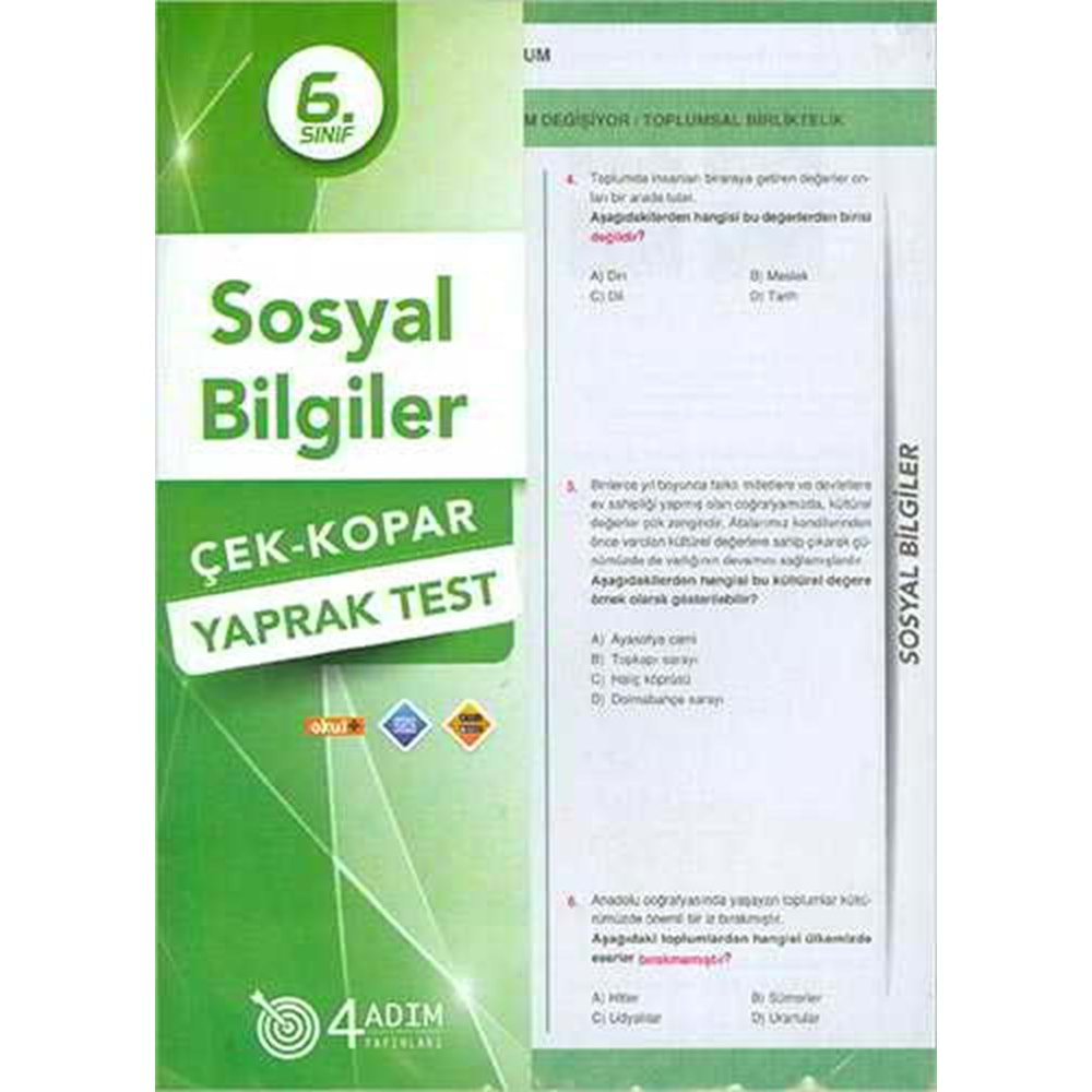 6. Sınıf Sosyal Bilgiler Çek Kopar Yaprak Test 4 Adım Yayıncılık