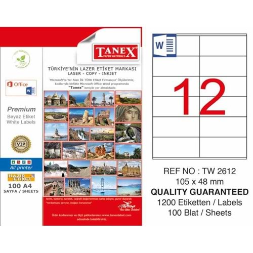 Tanex Tw-2612 Beyaz Adresleme ve Postalama Etiketi 105 mm x 48 mm